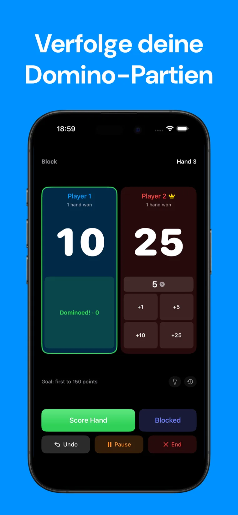 Verfolge deine Domino-Partien — Domino Punktezähler zeigt ein Zwei-Spieler-Block-Spiel in Runde 3 mit einer Punkteanzeige und Schaltflächen für „Blockiert“.