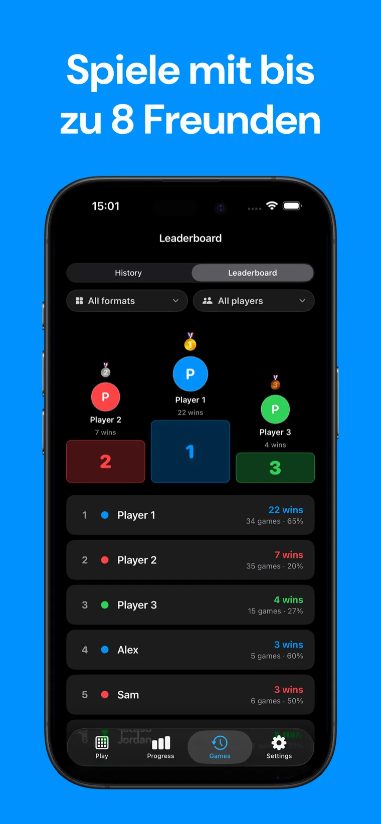 Spiele mit bis zu 8 Freunden — Domino Punktezähler Bestenliste mit Podium, Siegen und Siegquoten pro Spieler.