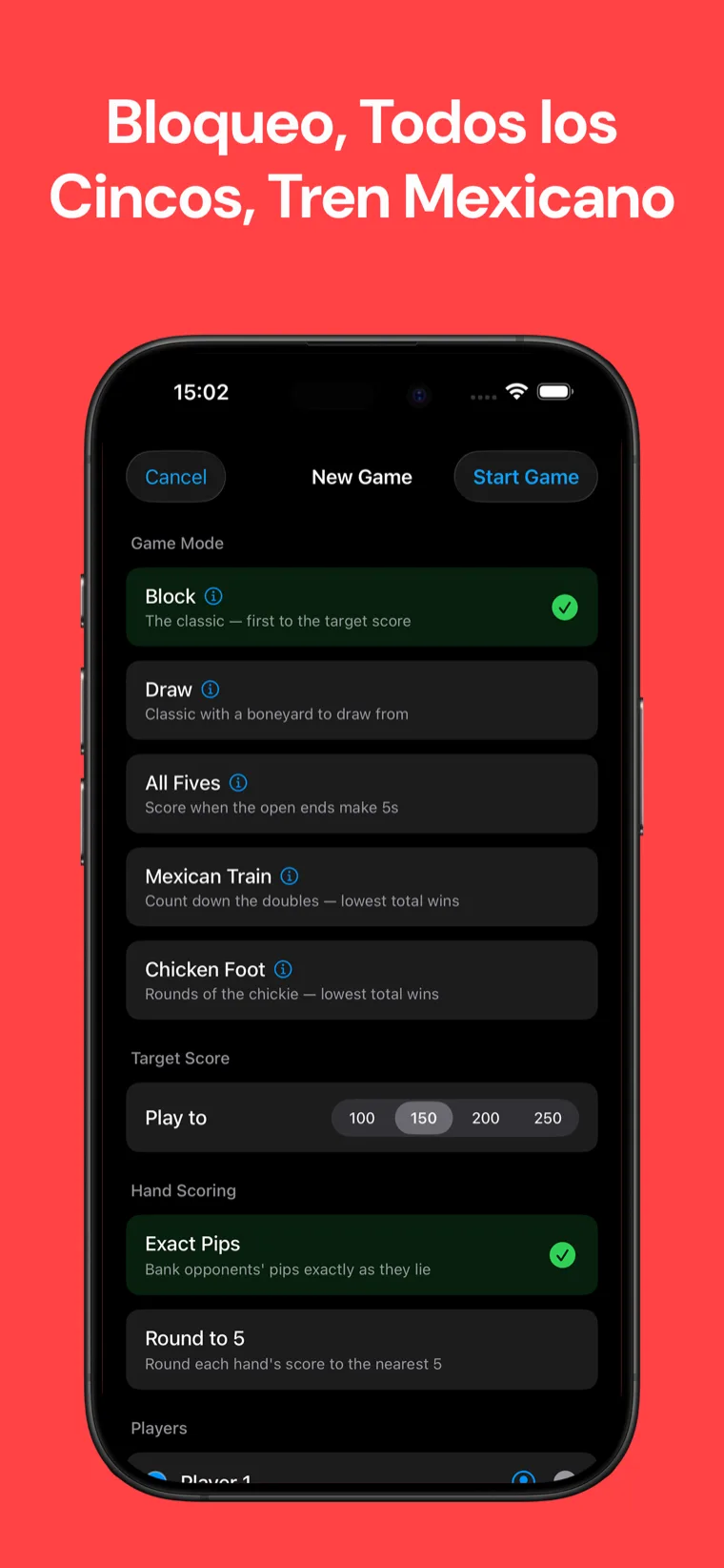 Bloqueo, Todos los Cincos, Tren Mexicano — Configuración de nueva partida en el Marcador de Dominó mostrando cinco modos de juego, puntuación objetivo y opciones de puntuación de manos