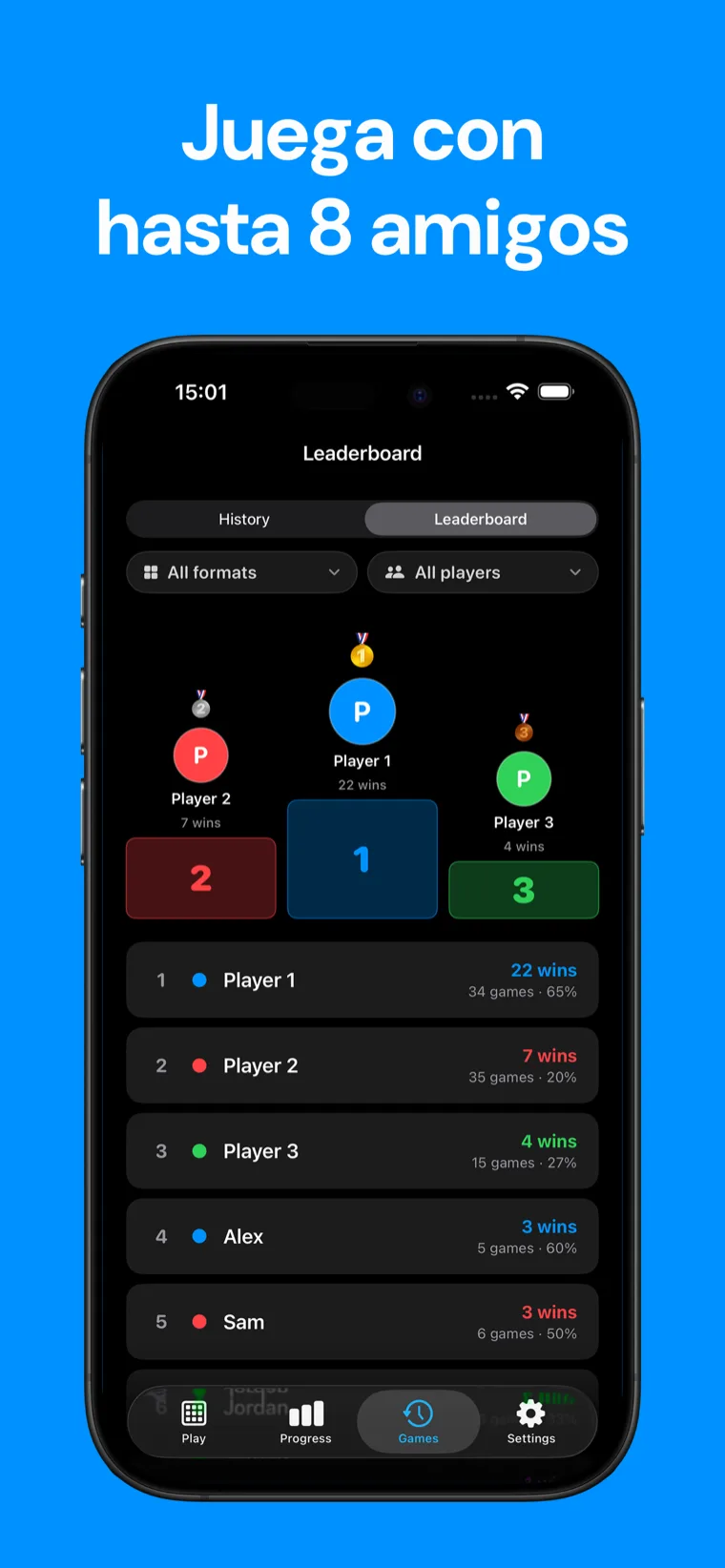 Juega con hasta 8 amigos — Tabla de clasificación del Marcador de Dominó mostrando un podio y victorias y porcentajes de victorias por jugador