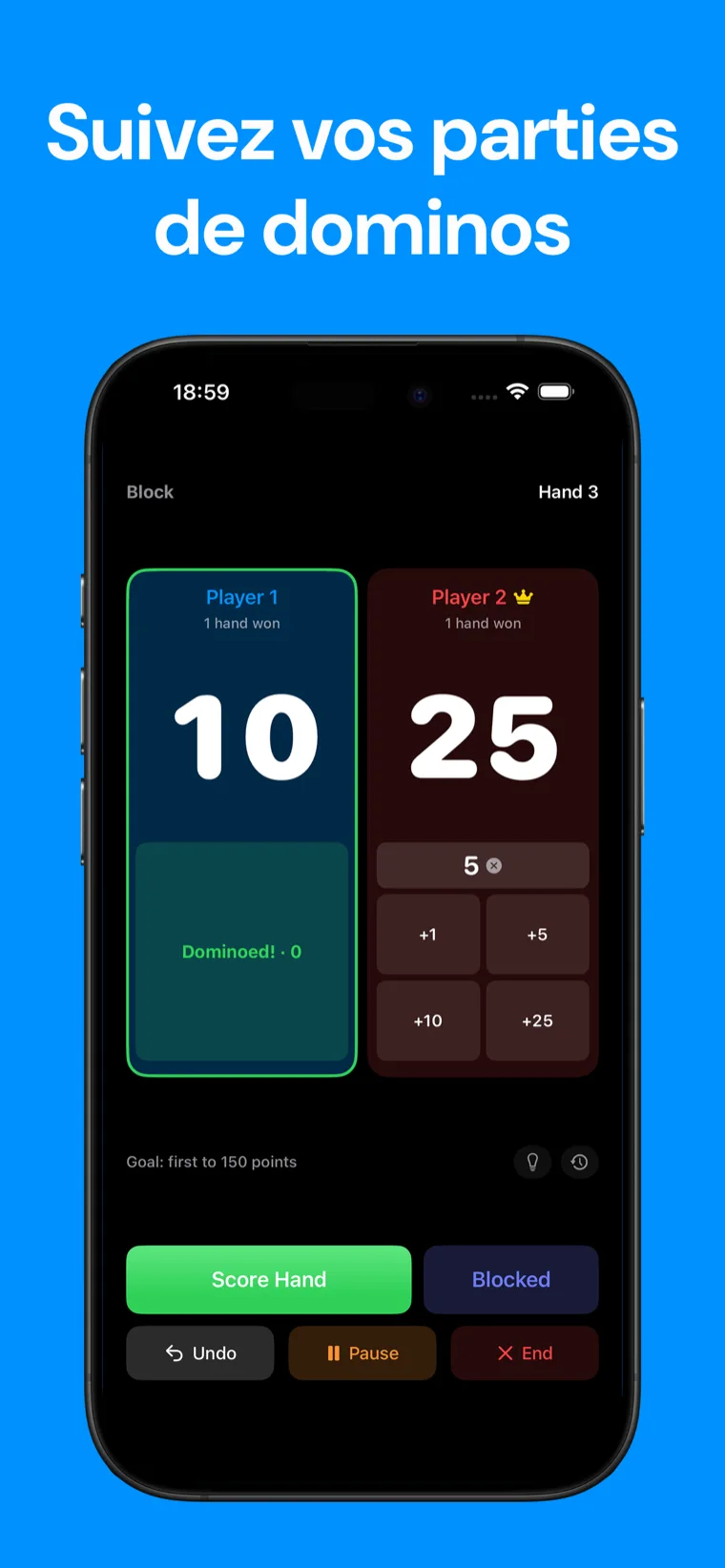 Suivez vos parties de dominos — Domino Compteur de Points affichant une partie de Bloqué à deux joueurs à la main 3 avec une main de score et les boutons bloqués