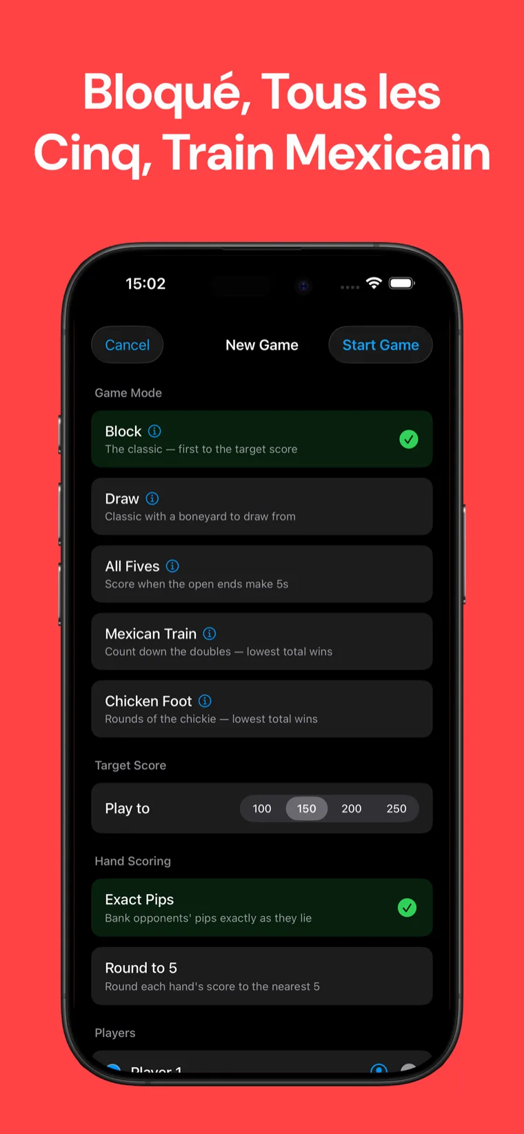 Bloqué, Tous les Cinq, Train Mexicain — Domino Compteur de Points, configuration d'une nouvelle partie montrant cinq modes de jeu, le score cible et les options de comptage des mains