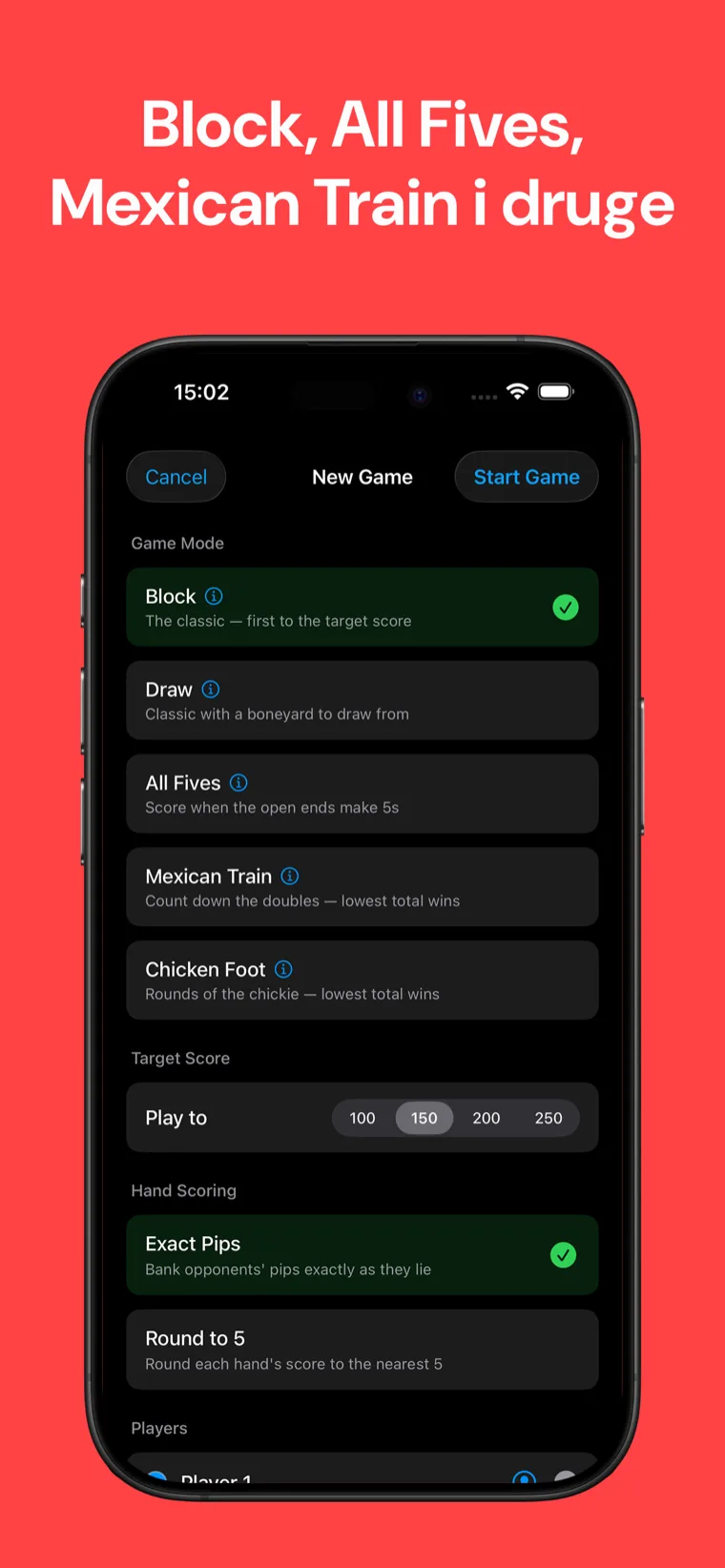 Block, All Fives, Mexican Train i druge — Domino Brojač Bodova postavljanje nove igre prikazuje pet načina igre, ciljni broj bodova i opcije bodovanja ruke