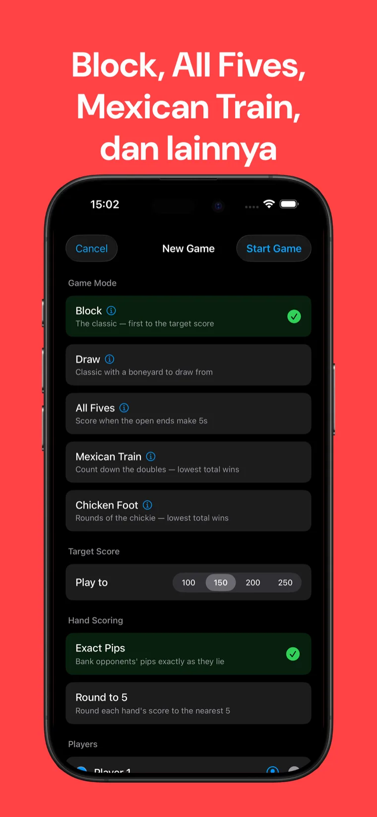 Block, All Fives, Mexican Train, dan lainnya — Domino Papan Skor pengaturan permainan baru menampilkan lima mode permainan, skor target, dan opsi penilaian ronde