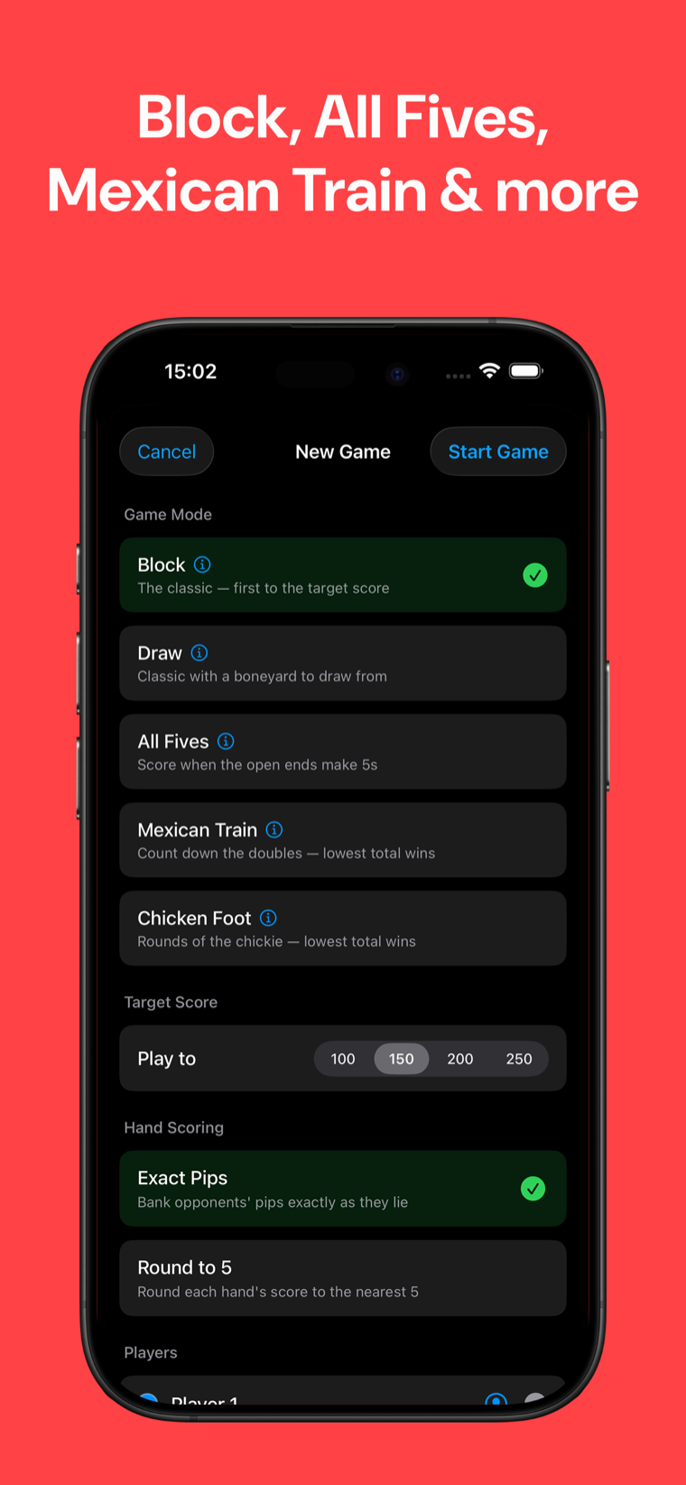 Block, All Fives, Mexican Train and more — Domino Scoreboard new game setup showing five game modes, target score and hand scoring options