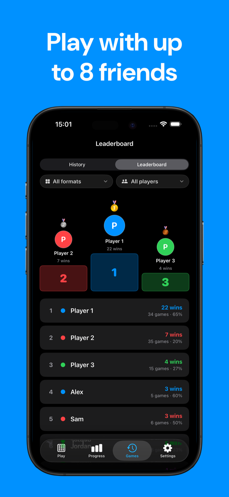 Play with up to 8 friends — Domino Scoreboard leaderboard showing a podium and per-player win counts and win rates