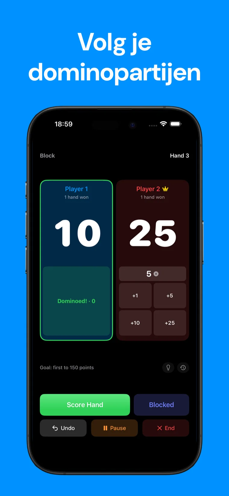 Volg je dominopartijen — Domino Scorebord toont een blokspel voor twee spelers in ronde 3 met een scorehand en geblokkeerde knoppen
