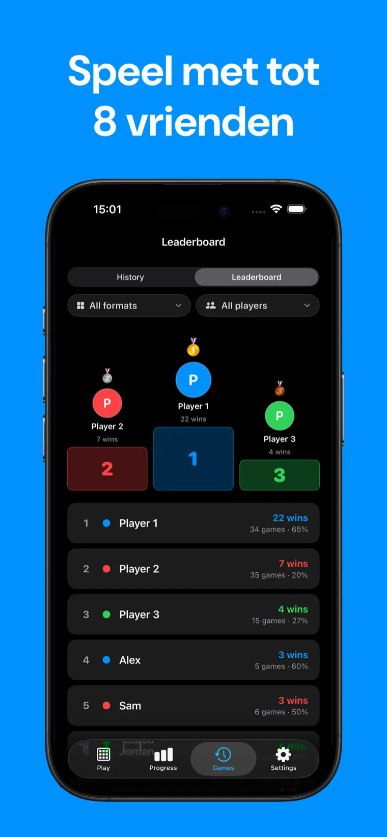 Speel met tot 8 vrienden — Domino Scorebord klassement met podium en per speler het aantal winsten en winpercentages