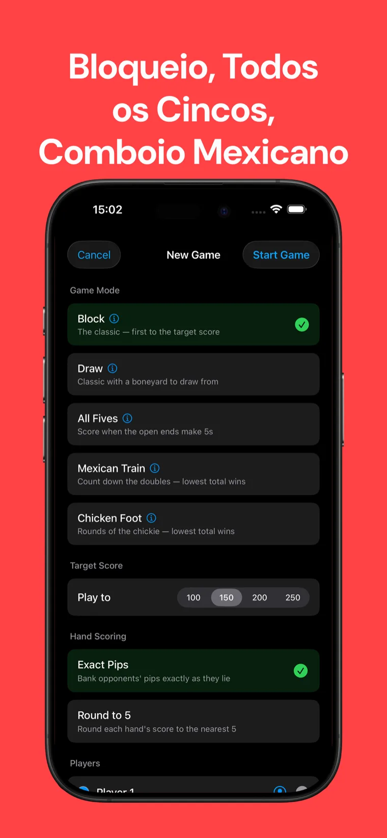 Bloqueio, Todos os Cincos, Comboio Mexicano — o Dominó Marcador na configuração de novo jogo a mostrar cinco modos de jogo, objetivo de pontos e opções de pontuação da mão