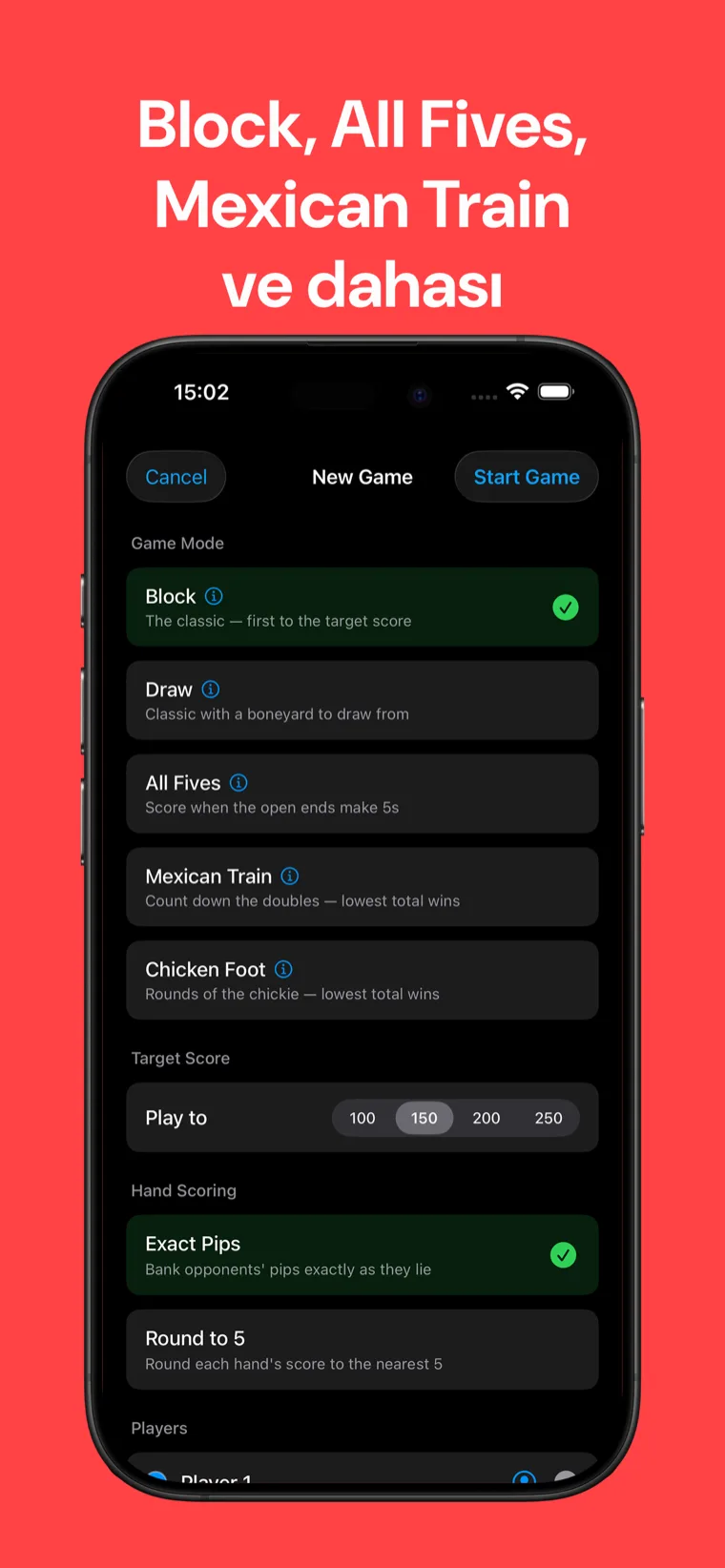 Block, All Fives, Mexican Train ve dahası — Domino Skor Sayacı yeni oyun kurulumunda beş oyun modunu, hedef skoru ve el skorlama seçeneklerini gösteriyor